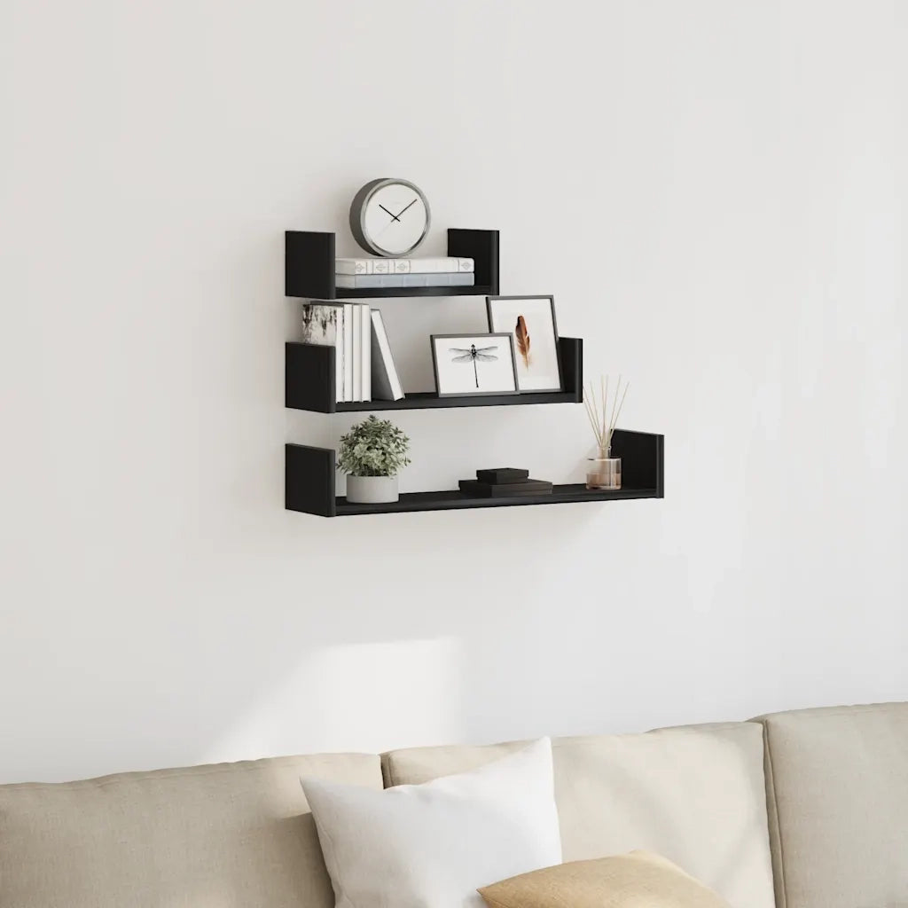 Mensole Parete 3pz Rovere Nero in Legno Multistrato 862405