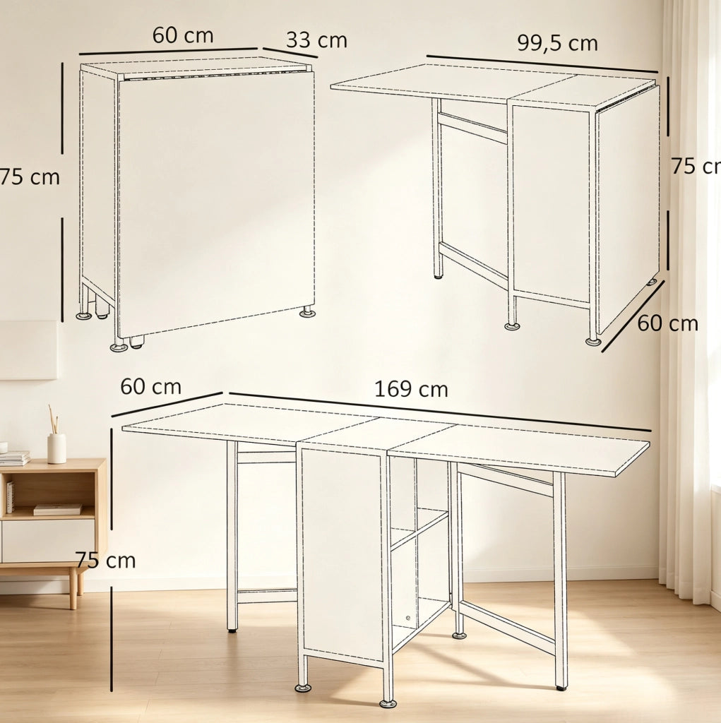 Tavolo pieghevole allungabile con 4 vani contenitore; 170x60 cm; bianco e rovere chiaro