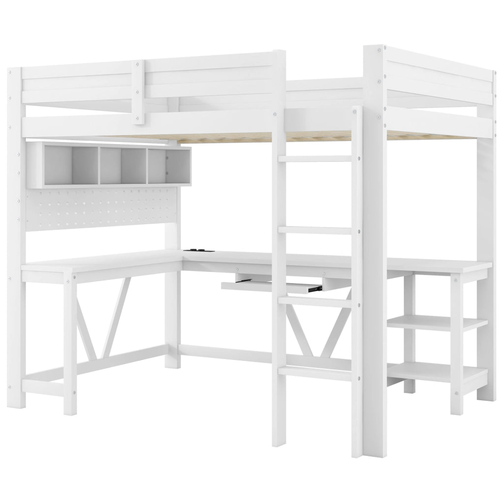 Letto a soppalco 90x200 cm con scrivania; ripiani; LED e porte USB; in MDF e pino bianco