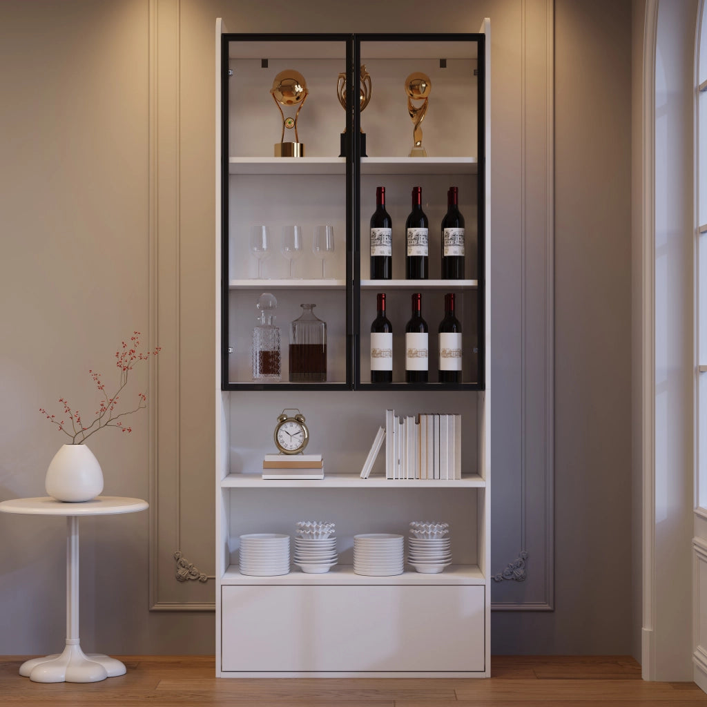 Vetrina alta con LED e cassetto; 80 x 34 x 180 cm; MDF bianco e vetro