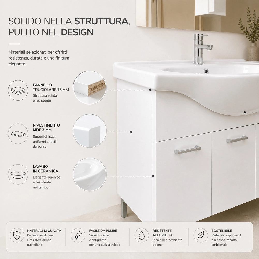 Set Completo Mobile da Bagno da Terra 101cm Tre Ante Bianco Specchio e Accessori