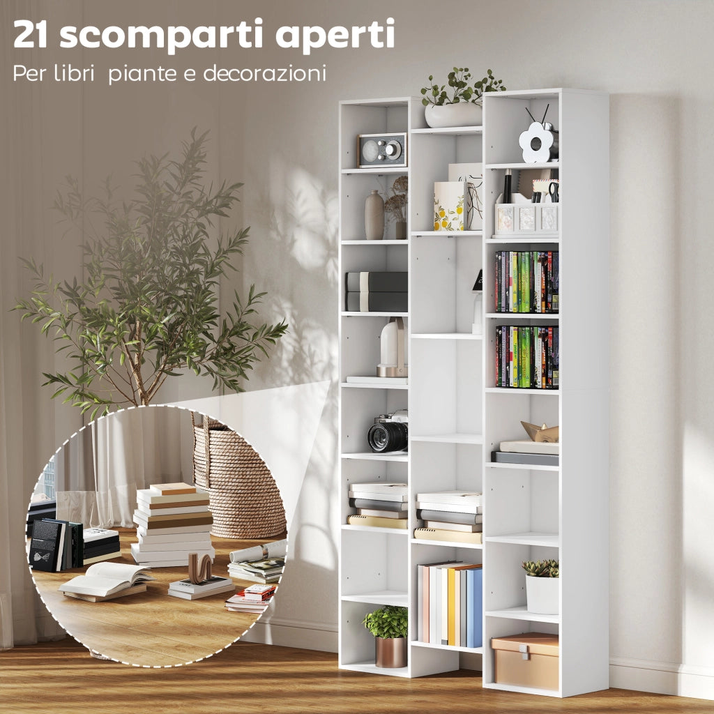 Libreria Moderna in Legno Alta 181 cm con 21 Scomparti e 10 Ripiani Regolabili, Bianco