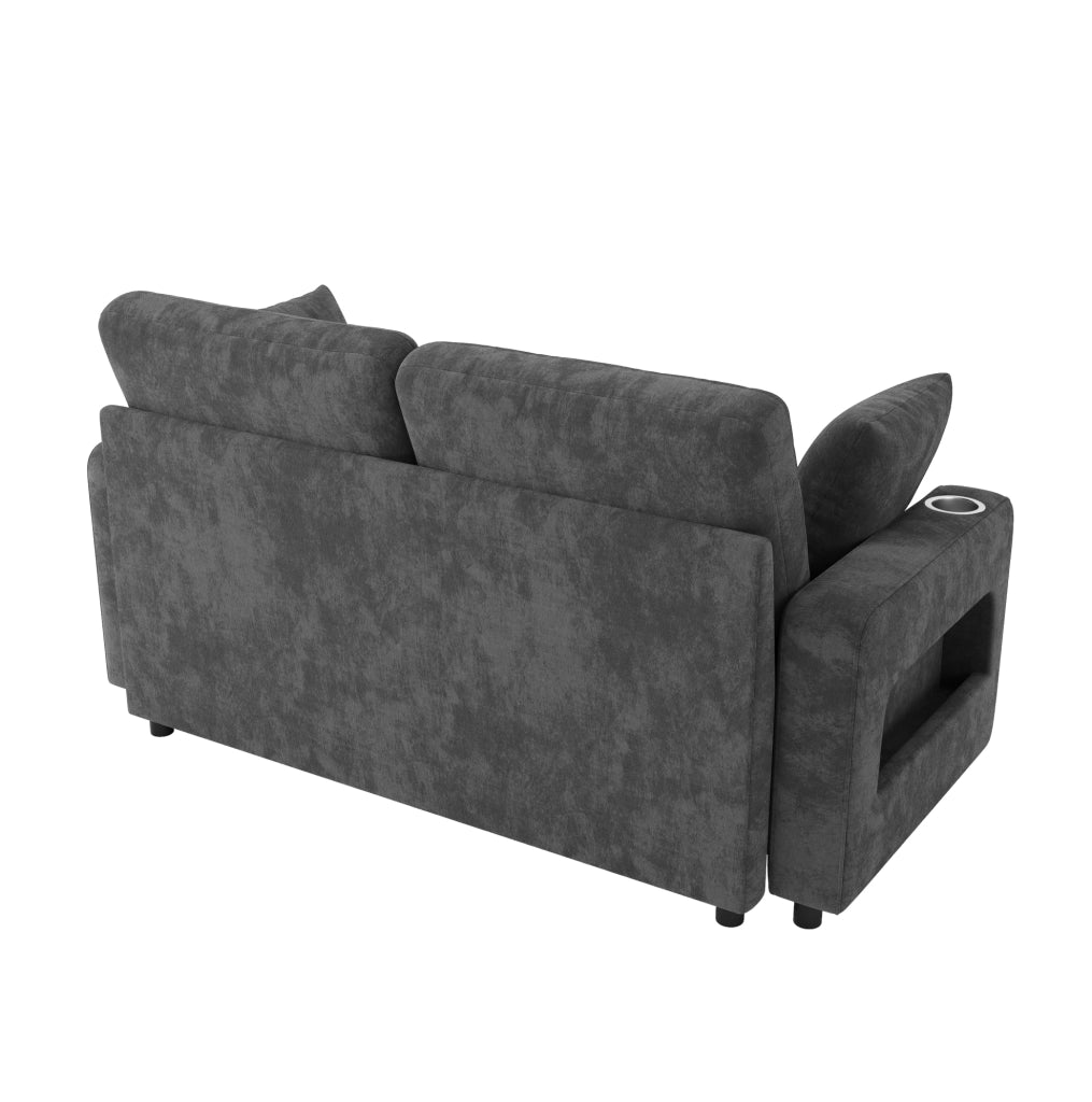 Divano letto estraibile 2 posti con LED; USB e Type-C; portabevande; ciniglia grigio