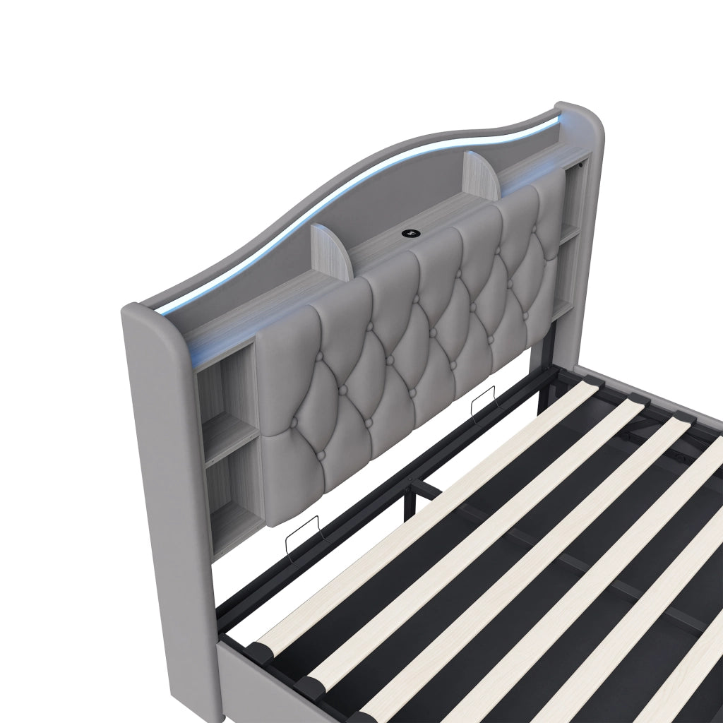 Letto matrimoniale con contenitore 160x200 cm imbottito con testiera portaoggetti LED USB Type-C alzata idraulica velluto grigio