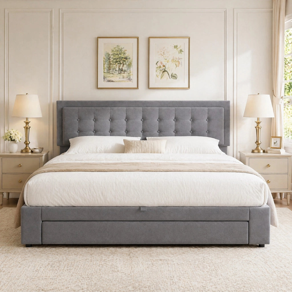 Letto matrimoniale imbottito 160x200 cm in velluto grigio con contenitore e cassetti