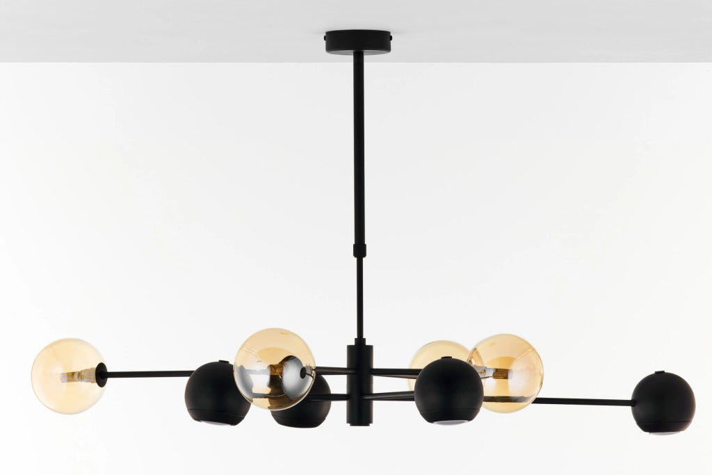 Lampadario moderno nero sfere vetro ambra 8 luci Jupiter