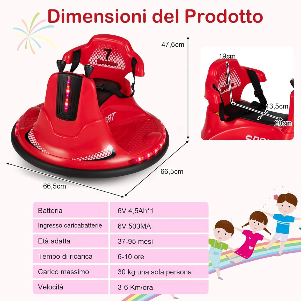 6V Autoscontro Elettrico per Bambini, Veicolo Elettrico con Telecomando, Girevole a 360°, Luci LED Colorate e Cintura di Sicurezza Regolabile, 37-95 Mesi (Rosso)