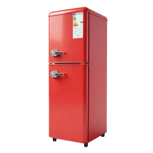 Frigorifero a doppia porta (112L) – controllo della temperatura a 7 livelli; classe di efficienza energetica E; luce LED; ripiani regolabili e portauova – Rosso
