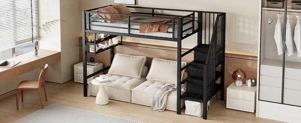 DESMIU Letto a soppalco per bambini 1 posto con scaffali, scala contenitore e barriera 90 × 200 cm, senza materasso