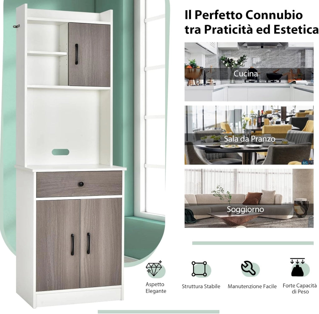 Mobile Cucina con 3 Ante e Credenza, Dispensa Cucina con Cassetto, con Foro per Cavi e Ripiani Regolabili, Ampio Spazio Aperto per Microonde, 60 x 40 x 180 cm (Bianco)