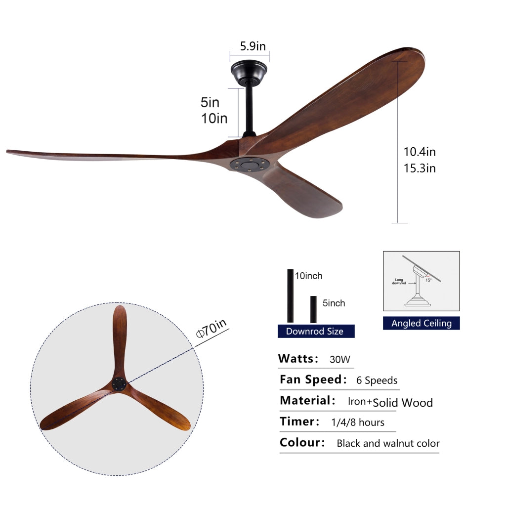 Ventilatore da soffitto 70 pollici senza luce, legno massello color noce, extra grande, impermeabile, per esterni, motore DC silenzioso