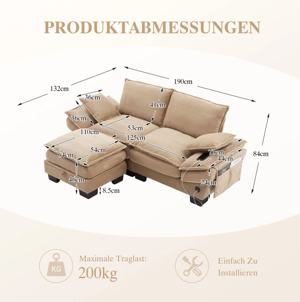 Divano 2 posti con pouf contenitore; USB-C; tessuto corduroy khaki; 190 cm