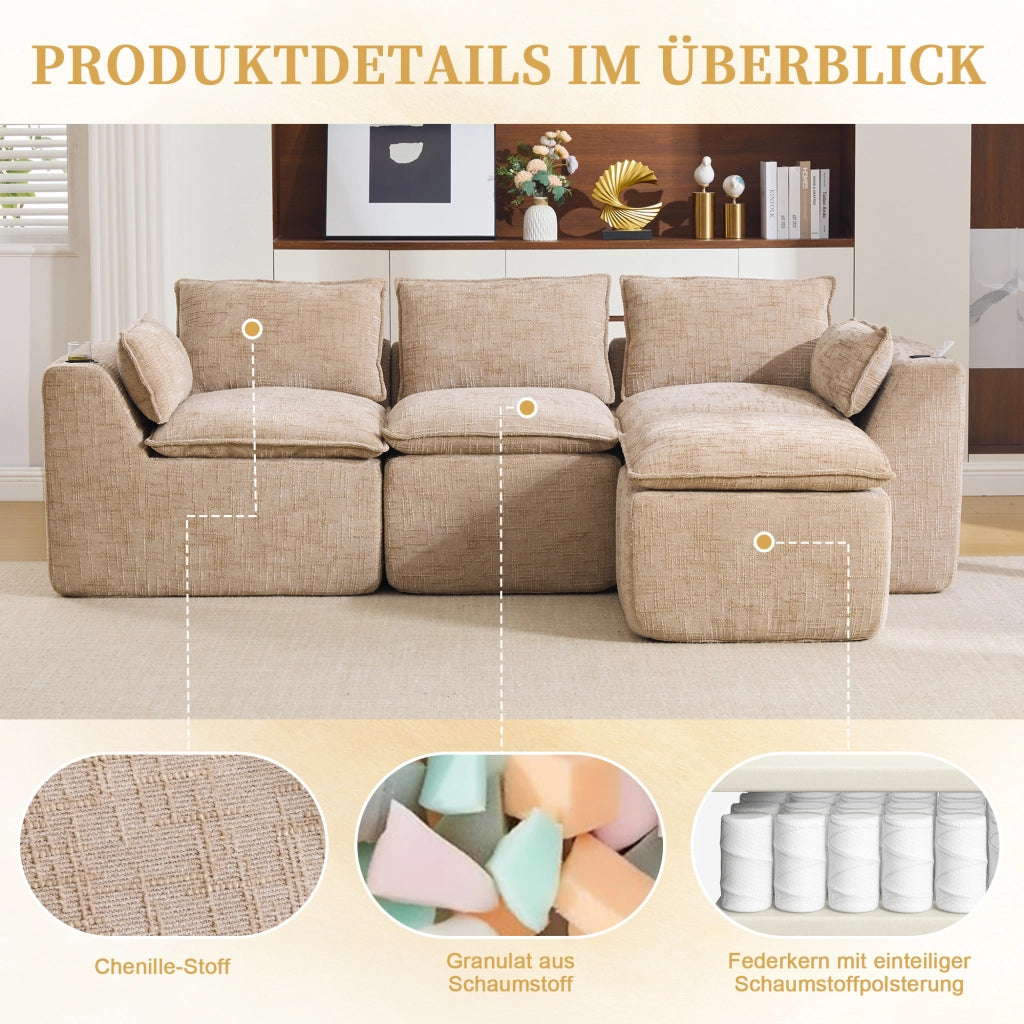 Divano modulare 3 posti con pouf; cuscini e tasche laterali; in chenille khaki