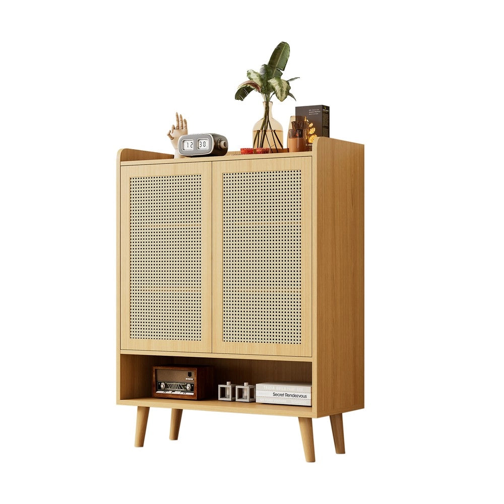 Scarpiera in Rattan con 2 Ante e 5 Ripiani ¨C MINIMAL ¨C Legno Massello, 80x105x35 cm