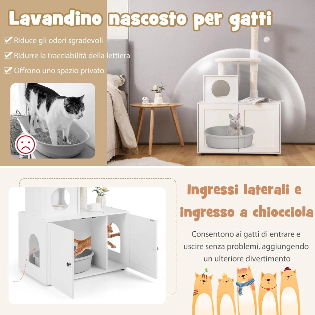 Tiragraffi per Gatti Adulti, Tiragraffi per Gatti con Cuccia, Piattaforma, Cuscini e Tiragraffi, Albero Tiragraffi per Gatti Grandi Alto in Legno, 77,5 x 49 x 132 cm