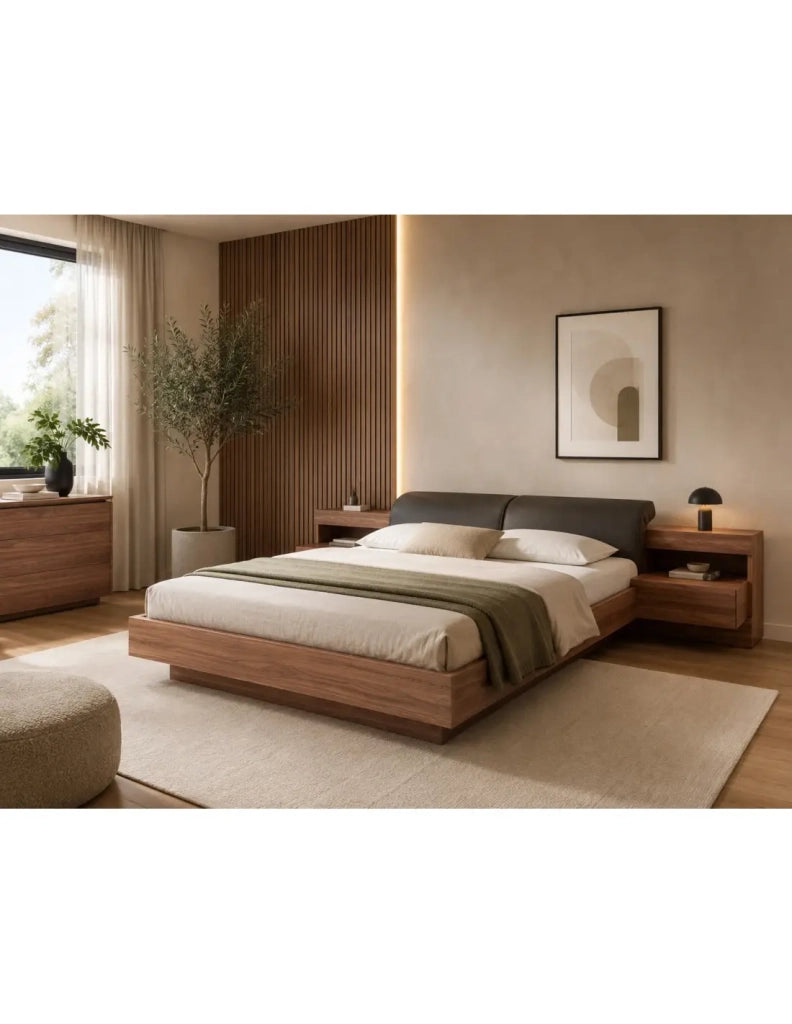 Letto 160x200 RENATO colore noce con doghe e comodini con LED integrati