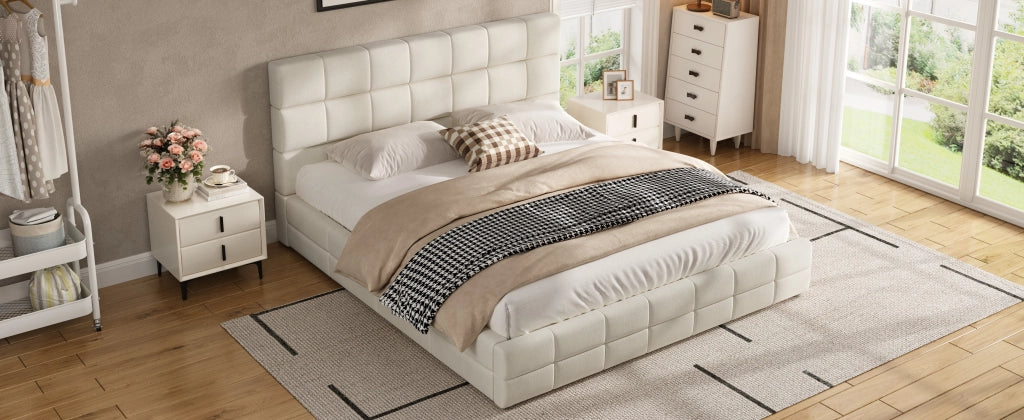 Letto imbottito matrimoniale 180 × 200 cm con testiera, senza materasso, in velluto beige, struttura in MDF e multistrato