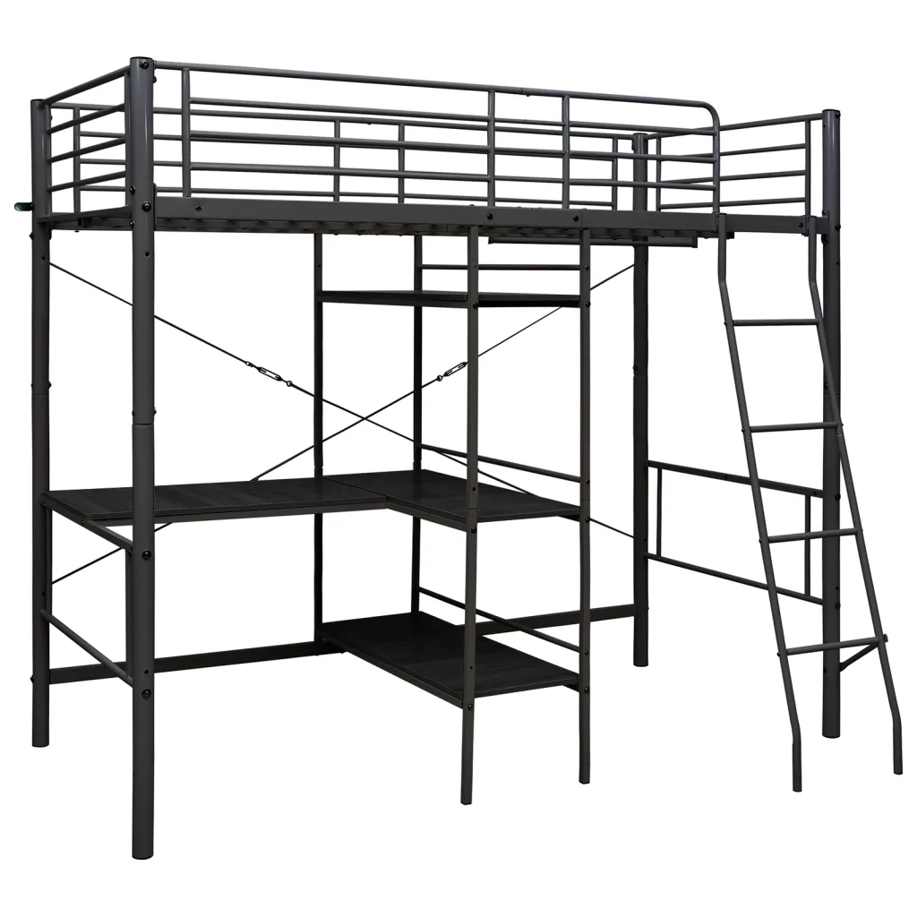 Letto singolo | Letto per adulti | Letto a Castello con Tavolino Nero in Metallo 90x200 cm
