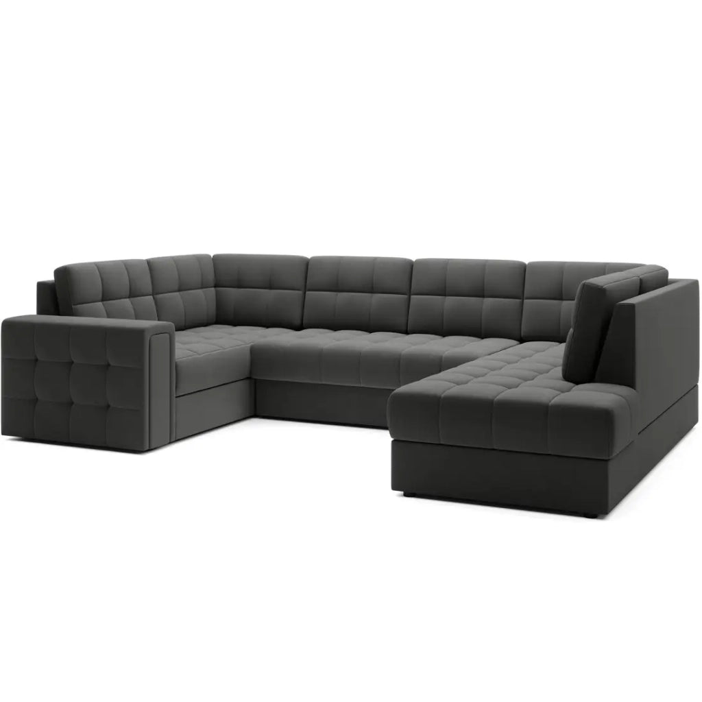 Divano angolare trasformabile MONTEZA grigio scuro 299 cm con contenitore e letto