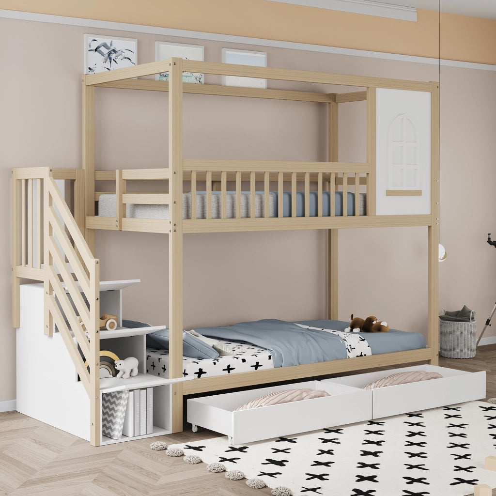 Letto a castello 90x200 cm legno naturale con cassetti e scala