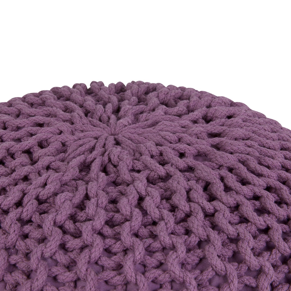 Pouf ottomana viola in cotone lavorato a maglia perline EPS riempimento rotondo piccolo poggiapiedi 50 x 35 cm