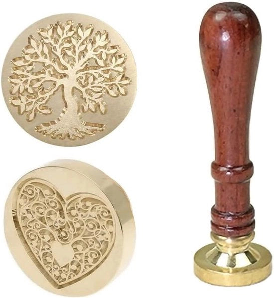 Kit di sigillo a cera - 2 pezzi di coperchio in rame con manico in legno - Carta di auguri, Busta, Imballo regalo - Albero della vita, Cuore - Etichette per la posta.