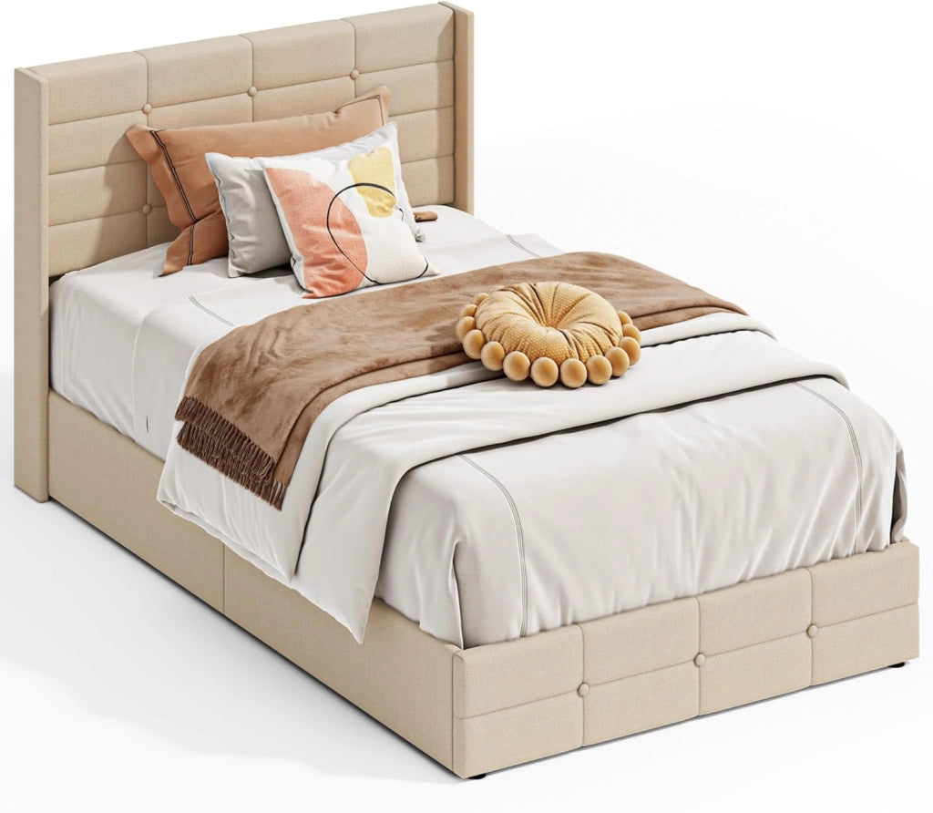 Letto contenitore idraulico 140 x 200CM, letto matrimoniale imbottito con testiera e contenitore, giroletto con rete a doghe, letto per ragazzi, senza materasso (Beige, 120X200)
