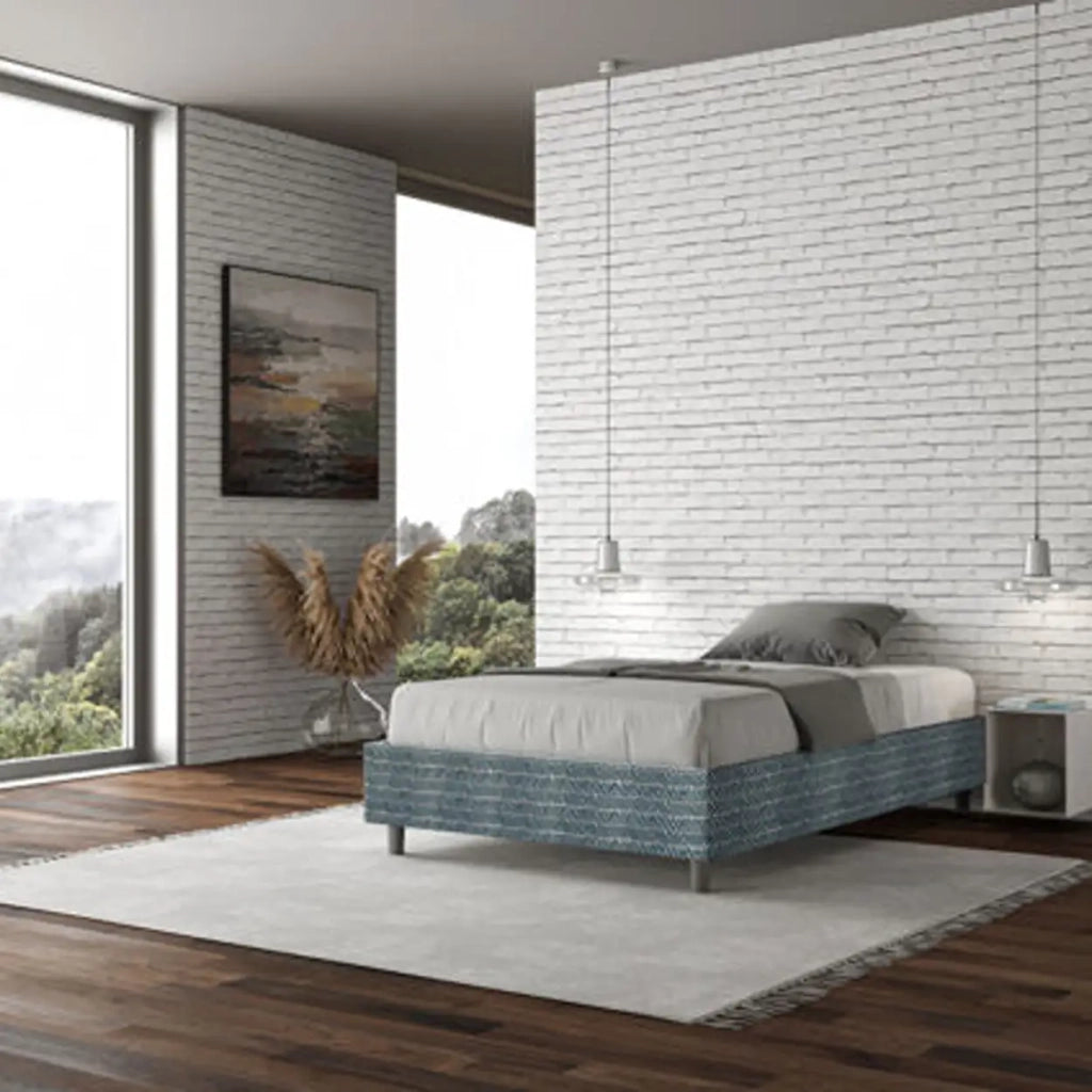 Letto una piazza e mezza con rete imbottito 120x190 tessuto Aragona 8 blu Azelia