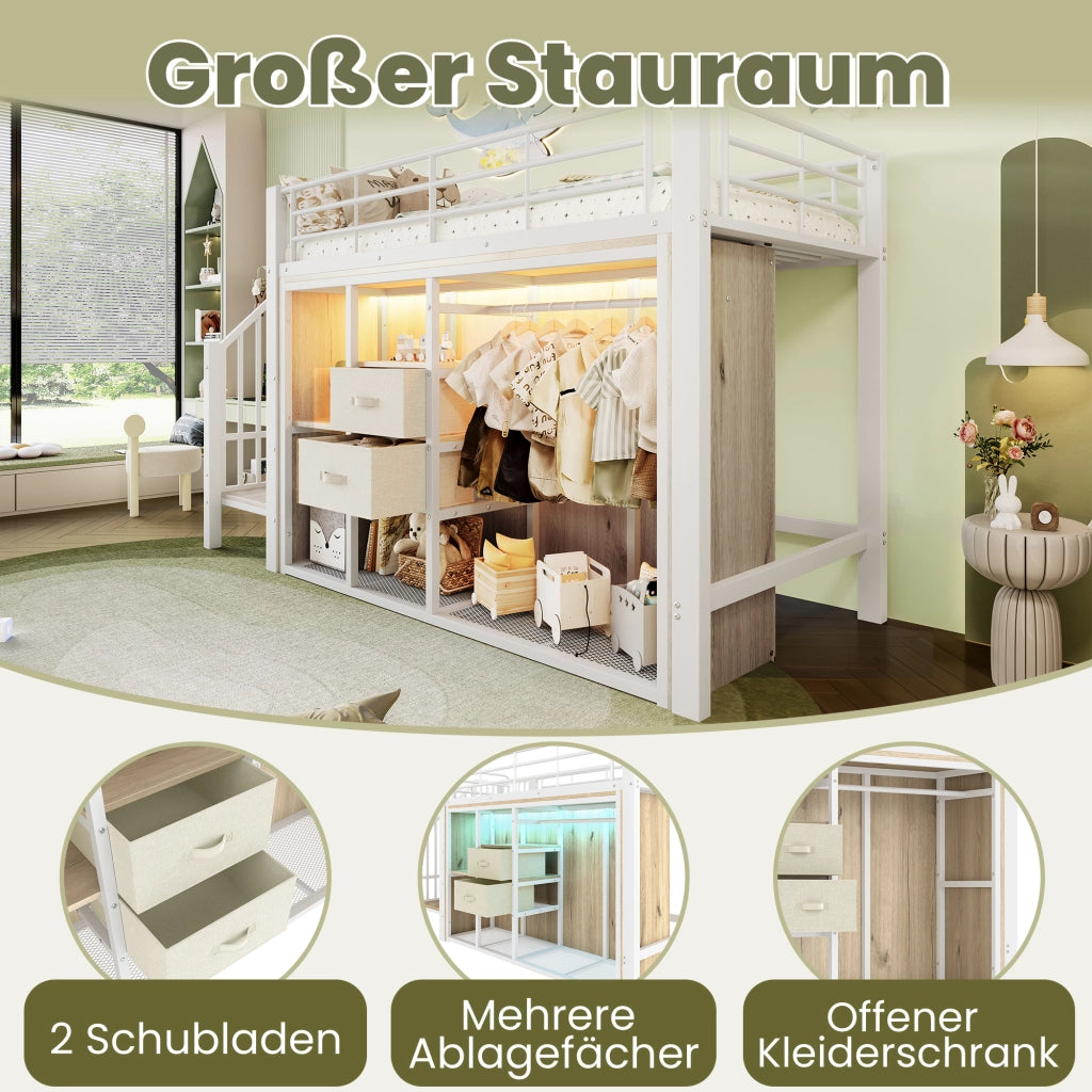 Letto a soppalco singolo 90×200 cm con 2 cassetti; guardaroba aperto; LED e ripiani; senza materasso; bianco