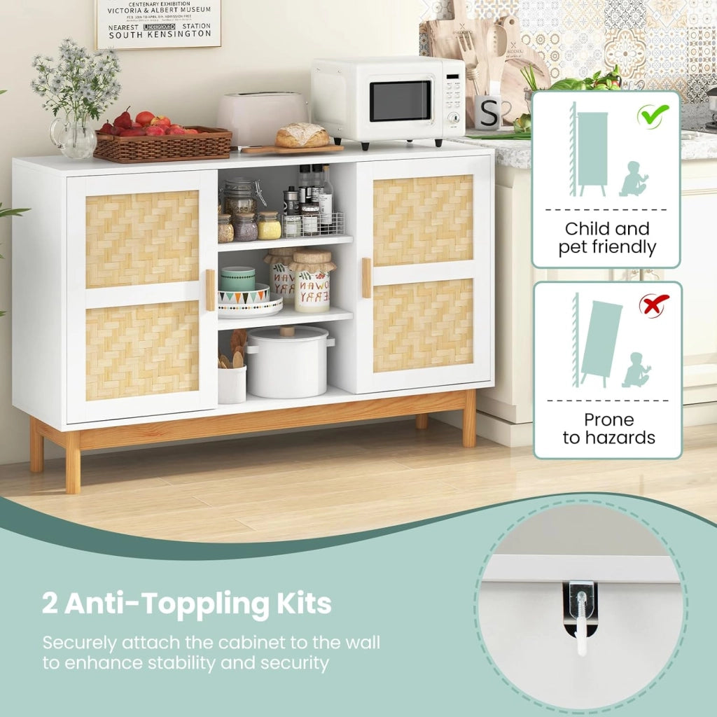 Credenza Cucina con Ante in Legno e Bambù, Mobile Cucina Dispensa con 3 Ripiani Aperti, Mobiletto Cucina con Dispositivo Antiribaltamento, per Soggiorno, Sala da Pranzo, 120 x 35 x 78 cm