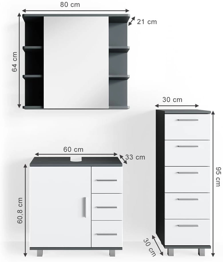 Set mobili bagno Ilias, Antracite, 60 cm, composto da mobile sottolavabo, specchiera e mobile medio
