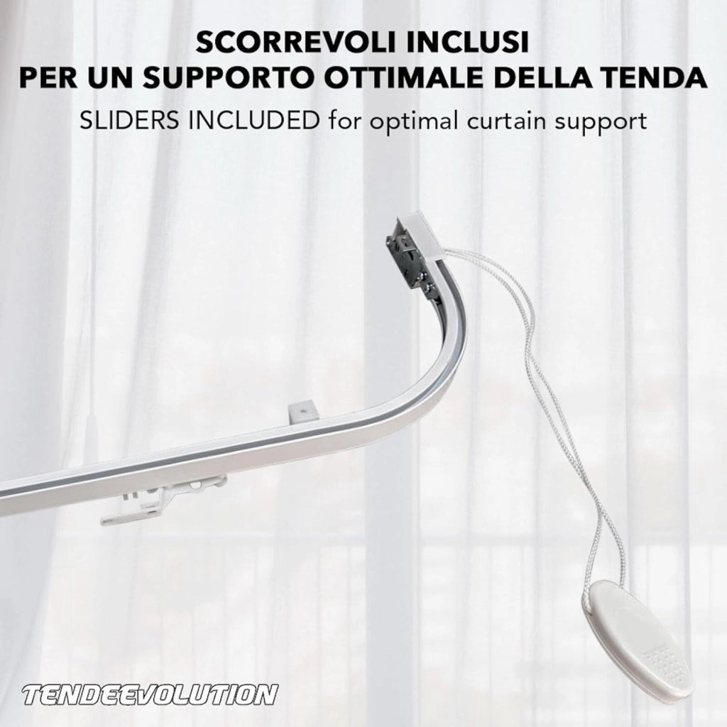 Binario Scorritenda da Parete in Alluminio Bianco, Curve Sporgenti 22cm, Movimento a Corda, Apertura Centrale CM lunghezza 320cm