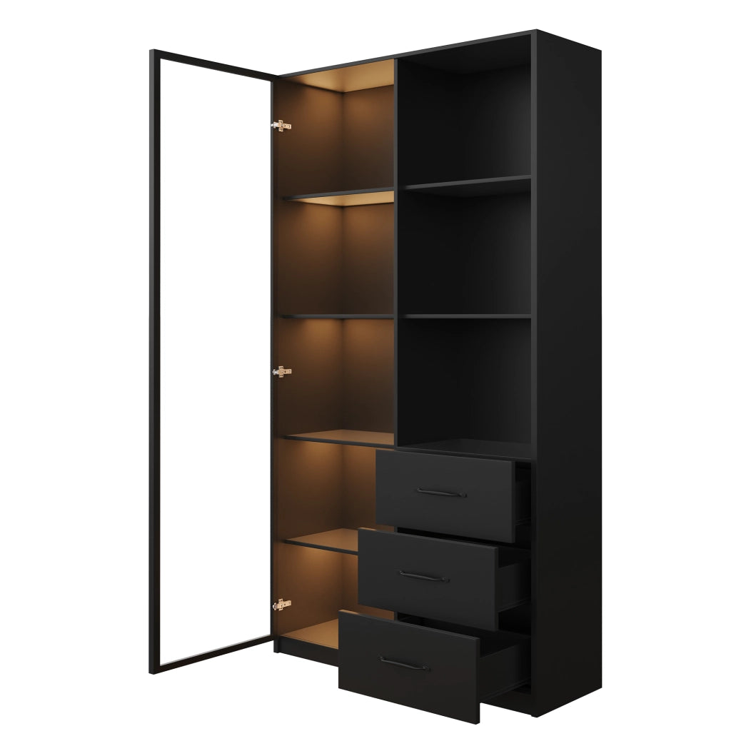 Vetrina LED moderna 80 x 40 x 160 cm con porta in vetro temperato, 3 cassetti, 3 ripiani aperti e struttura in pannello truciolare nero