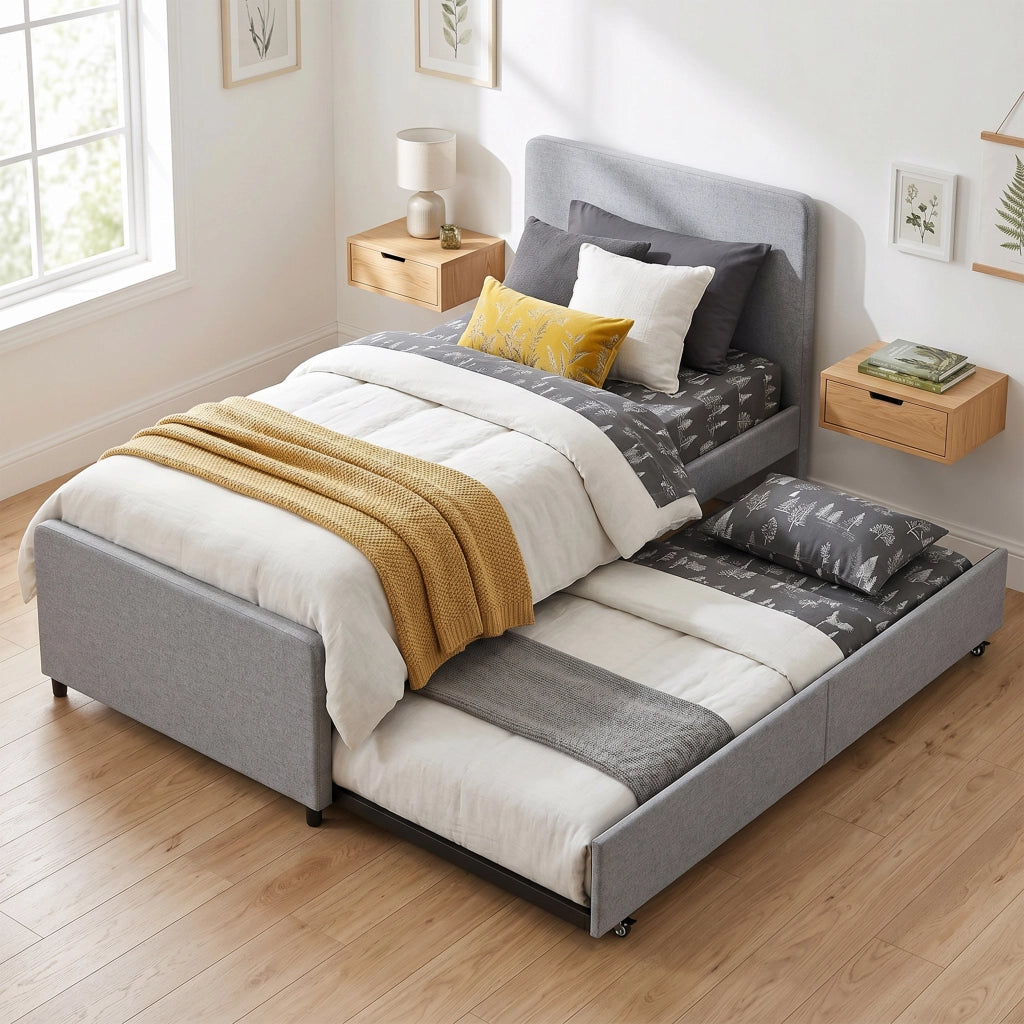 Letto estraibile con rete a doghe 90x190 cm ¨C Xylo ¨C Testiera imbottita grigio chiaro