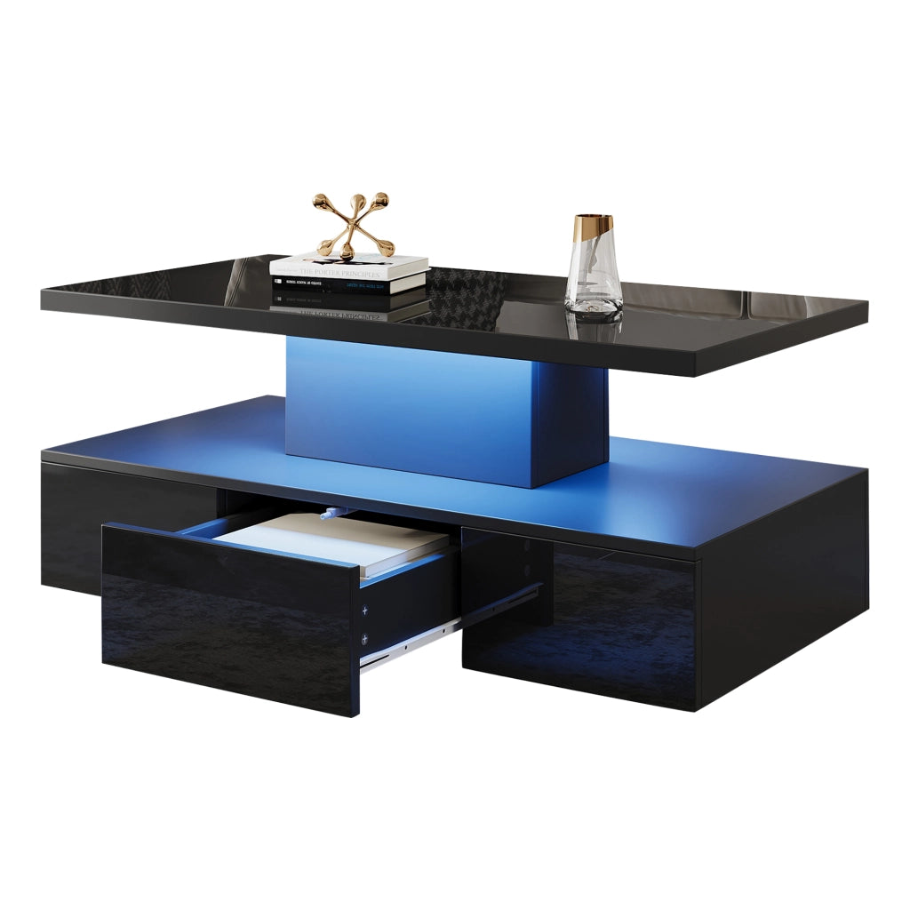 Tavolino da caffè con 1 cassetto; LED e ripiano aperto per soggiorno; nero 100x50x39 cm