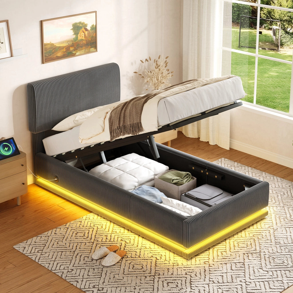 Letto imbottito 90x200 cm in tessuto corduroy grigio scuro con testiera regolabile; LED e USB-C