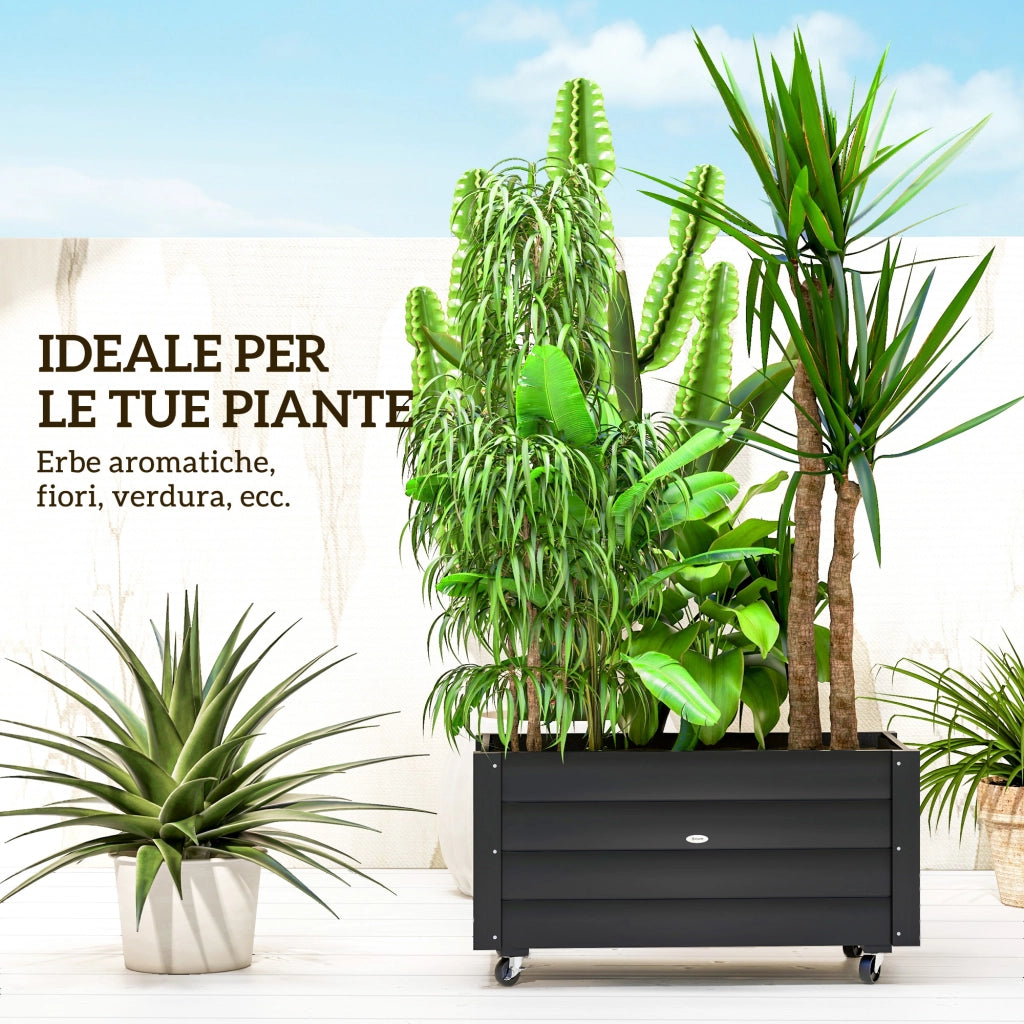 Fioriera da Giardino con Foro di Drenaggio e Rotelle, in Legno di Abete, 89x48x47 cm, Nera