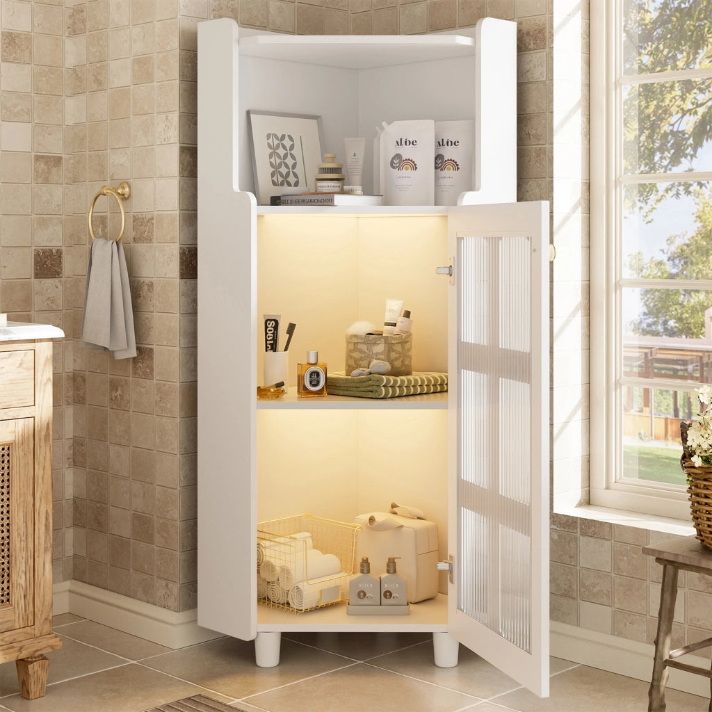 Mobile angolare con LED e 1 vano aperto, armadietto in vetro a 2 livelli, per soggiorno, bagno e cucina, in MDF, bianco, 63,5 × 124 cm
