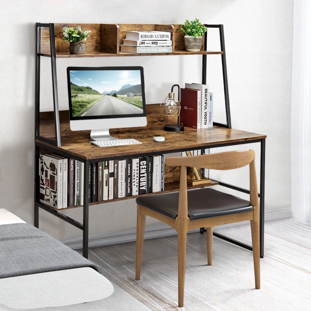 Scrivania per computer con 3 scomparti libreria e ripiano, Scrivania da 120cm salvaspazio per ufficio Marrone