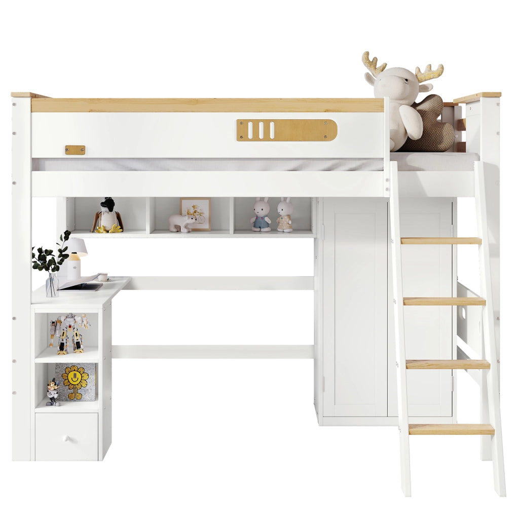 Letto a Castello 90x200 cm - Scrivania; Armadio e Scaffale Aperto - in Legno e MDF - Bianco e Naturale