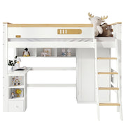 Letto a Castello 90x200 cm - Scrivania; Armadio e Scaffale Aperto - in Legno e MDF - Bianco e Naturale