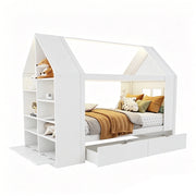 Letto Casetta 90x200 cm con Cassetti; LED e Mensole - in Legno - Bianco