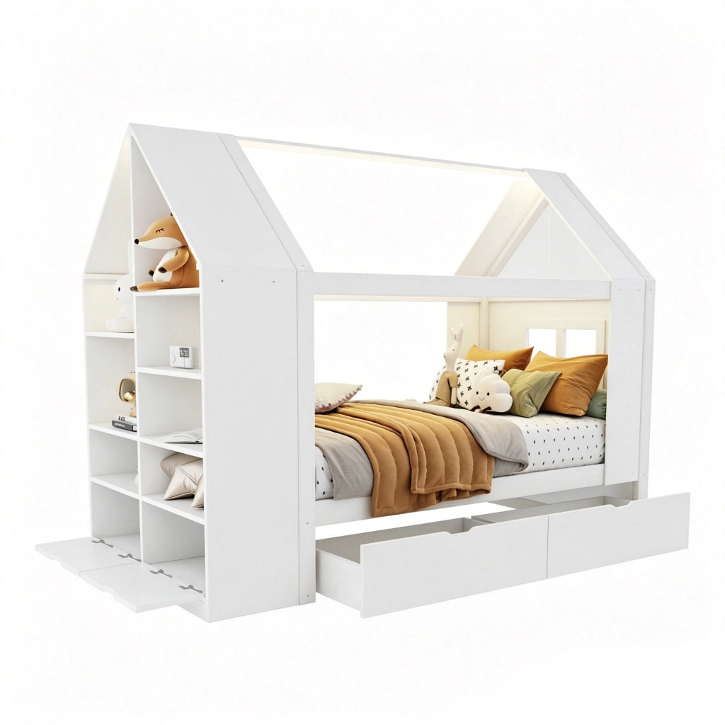 Letto Casetta 90x200 cm con Cassetti; LED e Mensole - in Legno - Bianco
