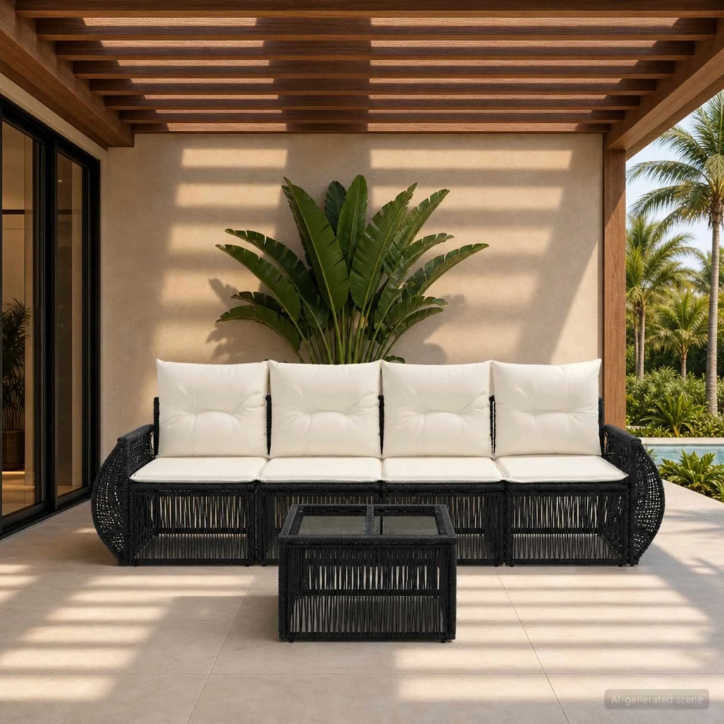 Set Divano da Giardino 5 pcs Nero e Bianco Crema polyrattan 3435343