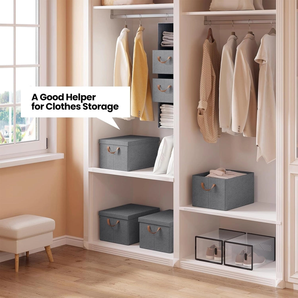 Scatole portaoggetti in Tessuto 6 Pezzi, Contenitori pieghevoli con Coperchio e Maniglie, per Vestiti da Armadio, Grigio, 43x33x26cm
