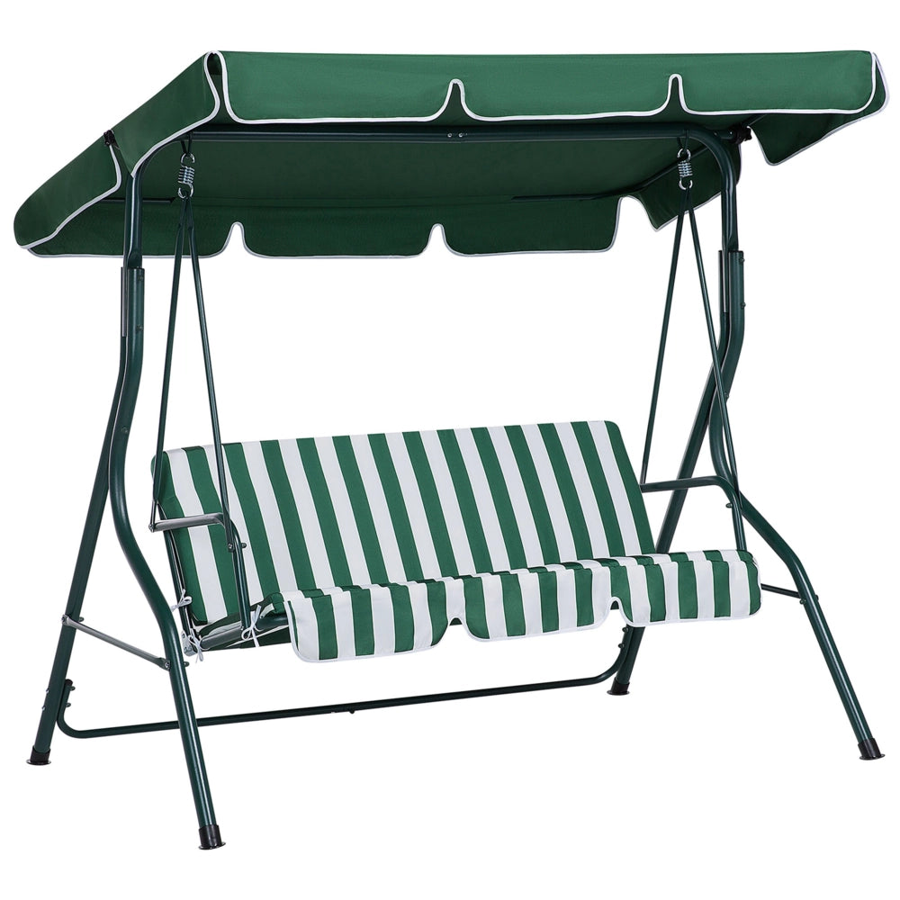 Altalena da giardino per patio con struttura in acciaio a rete a righe verdi a 3 posti con baldacchino
