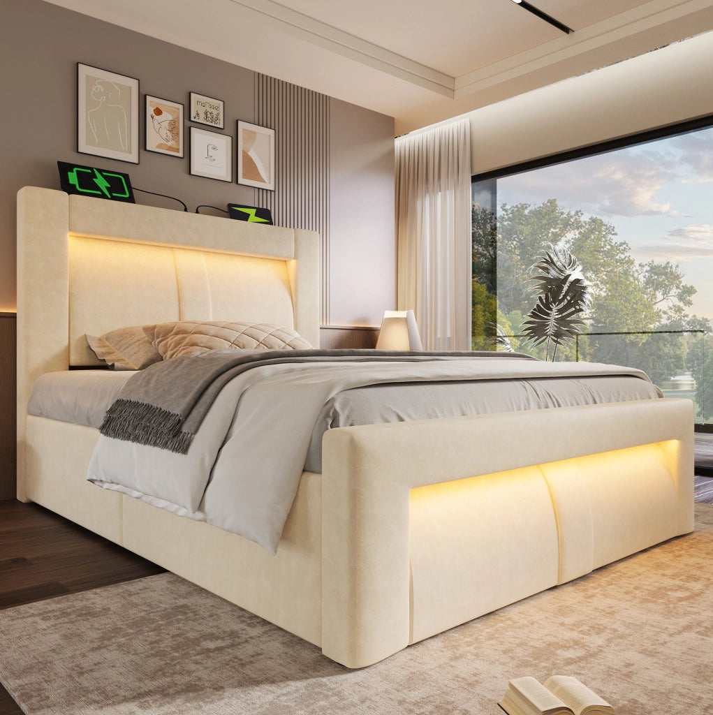 Letto singolo 90x200 cm con contenitore; LED; USB e Type-C; testiera curva in velluto beige