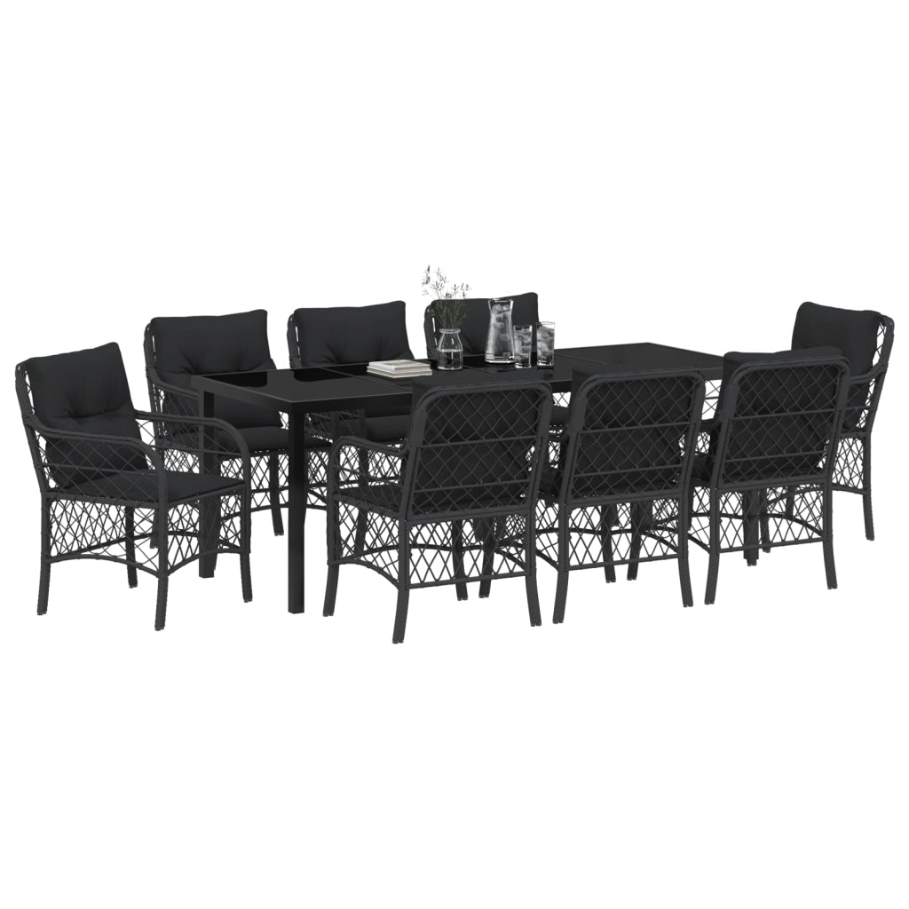 Set da Pranzo da Giardino 9 Pezzi con Cuscini Nero Polyrattan