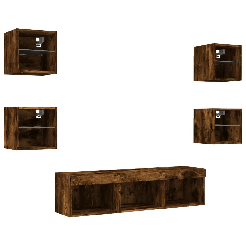 Mobili TV a Muro con LED 7pz Rovere Fumo in Legno Multistrato 3216587