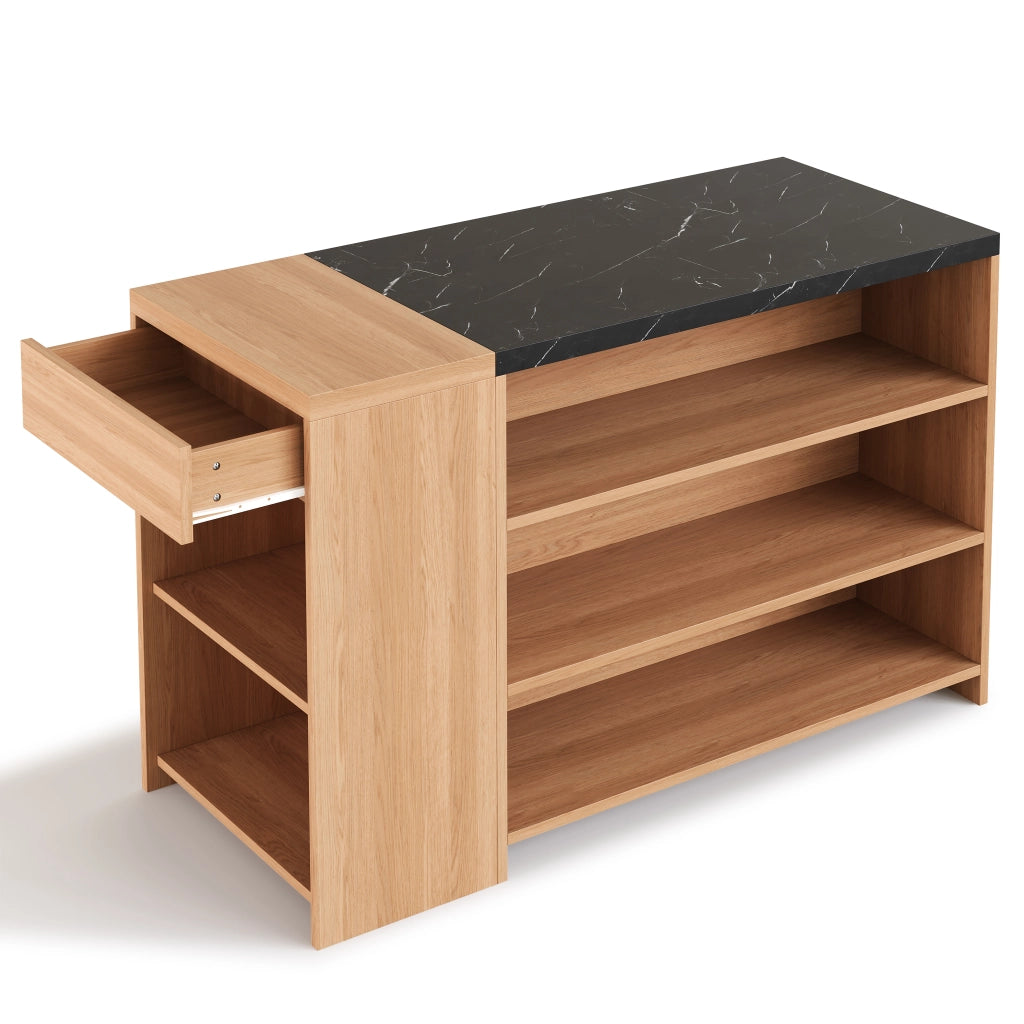 Isola cucina con bancone, 5 livelli di spazio, cassetto nascosto, effetto marmo nero e rovere, 140x60x90 cm